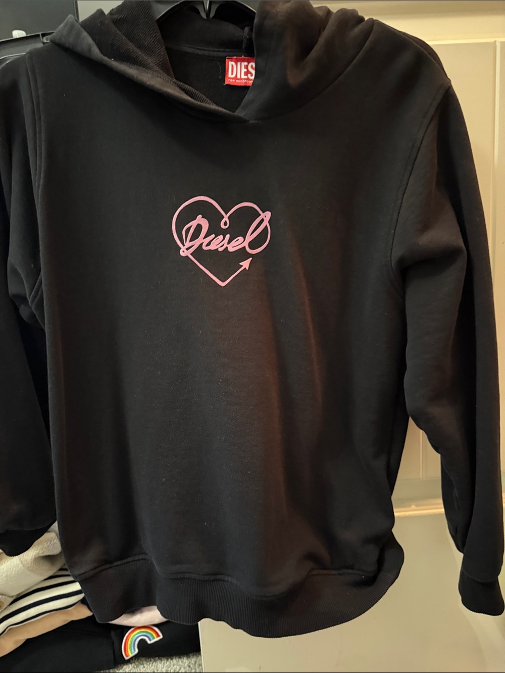Diesel Black Pullover Hoodie with Pink Heart Logo